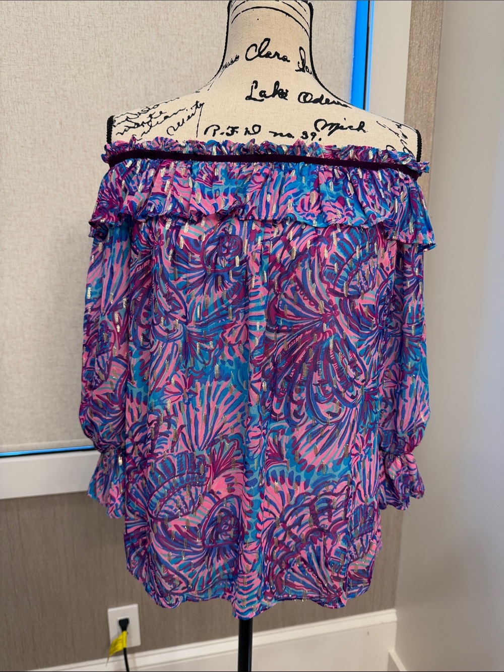 Lilly Pulitzer Off-Shoulder Ruffle Blouse in Pink & Blue